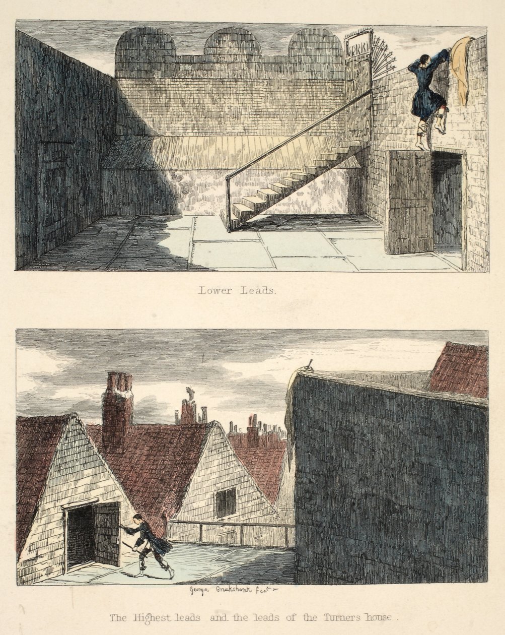 Flykten nr 3, illustration från Jack Sheppard: A Romance av William Harrison Ainsworth, publicerad 1839 (handkolorerad etsning). av George Cruikshank