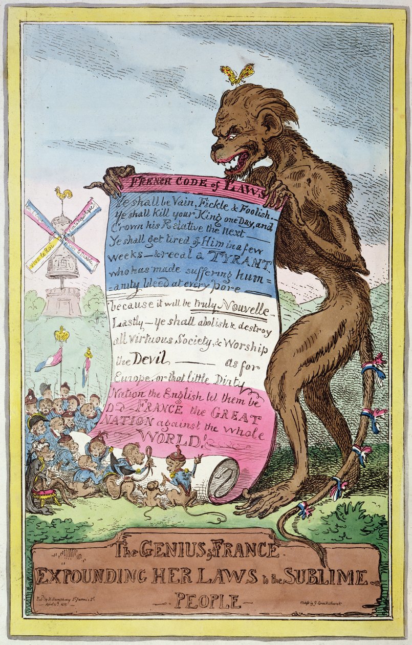 The Genius of France, 4 april 1815 (färgad litho) av George Cruikshank