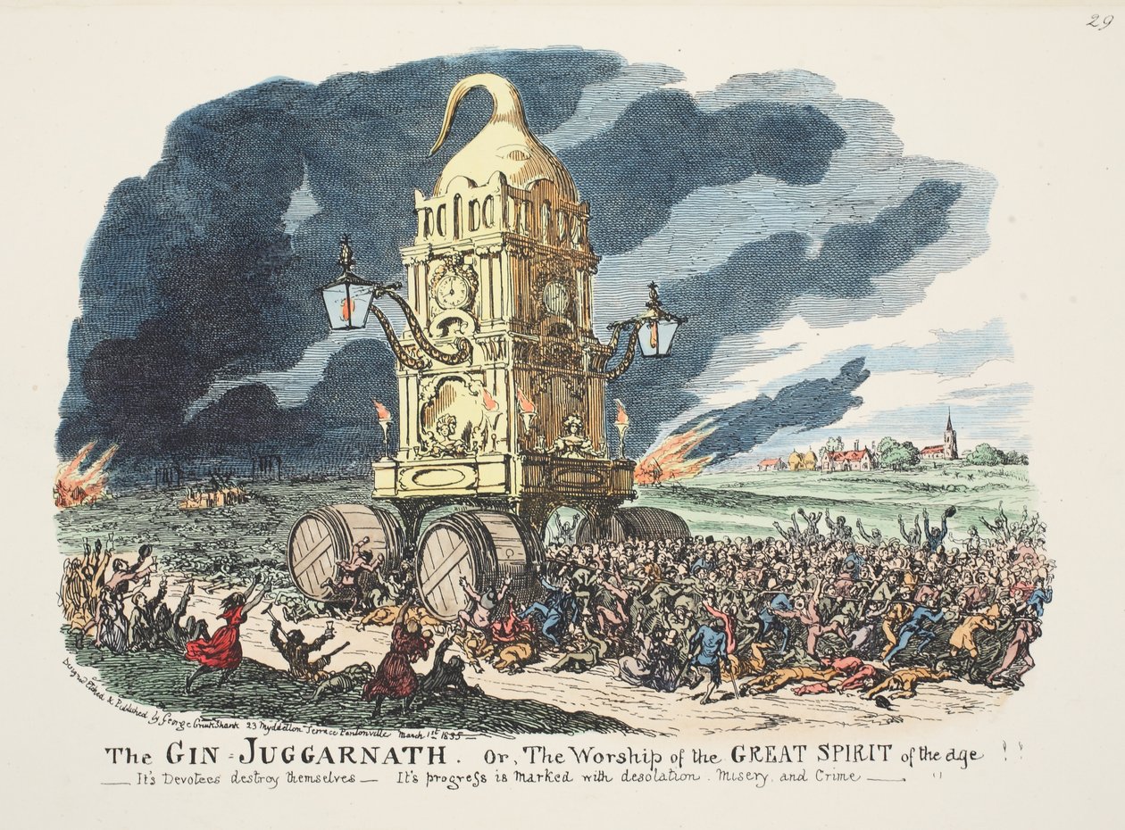 Gin Juggarnath eller dyrkan av den stora tidsandan!! - Dess anhängare förstör sig själva - dess framsteg präglas av ödeläggelse, elände och brottslighet, pub. 1835 (handkolorerat gravyr) av George Cruikshank