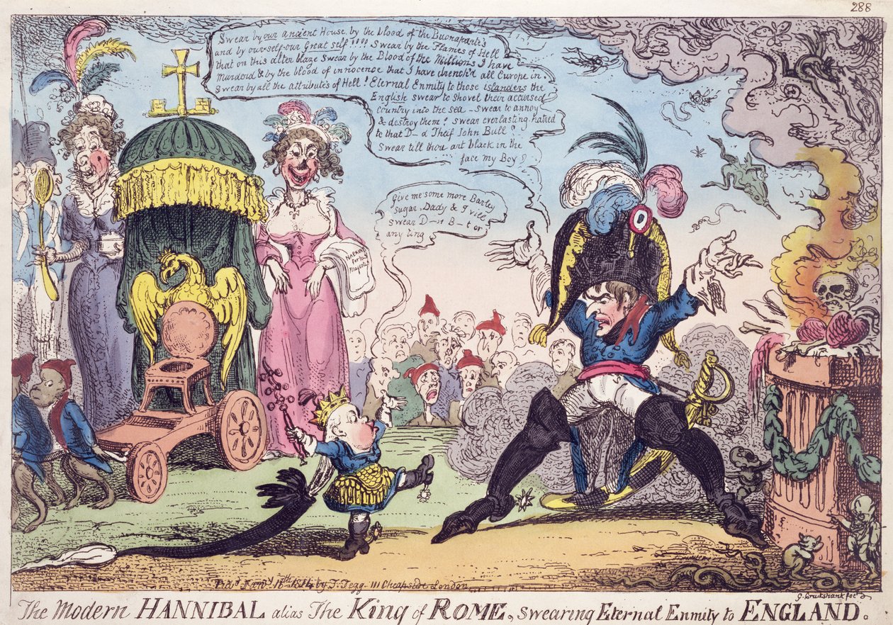 Kungen av Rom, 1814 - tecknad serie som visar Napoleon och hans son, Napoleon II (1811-32), Roi de Rome av George Cruikshank