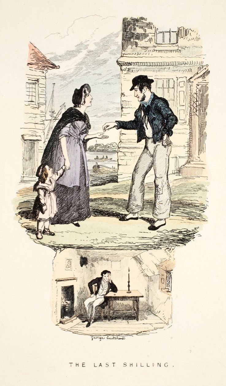 The Last Shilling, från "Songs, Naval and National: Of the Late Charles Dibdin", pub. 1841 (handfärgad gravyr) av George Cruikshank