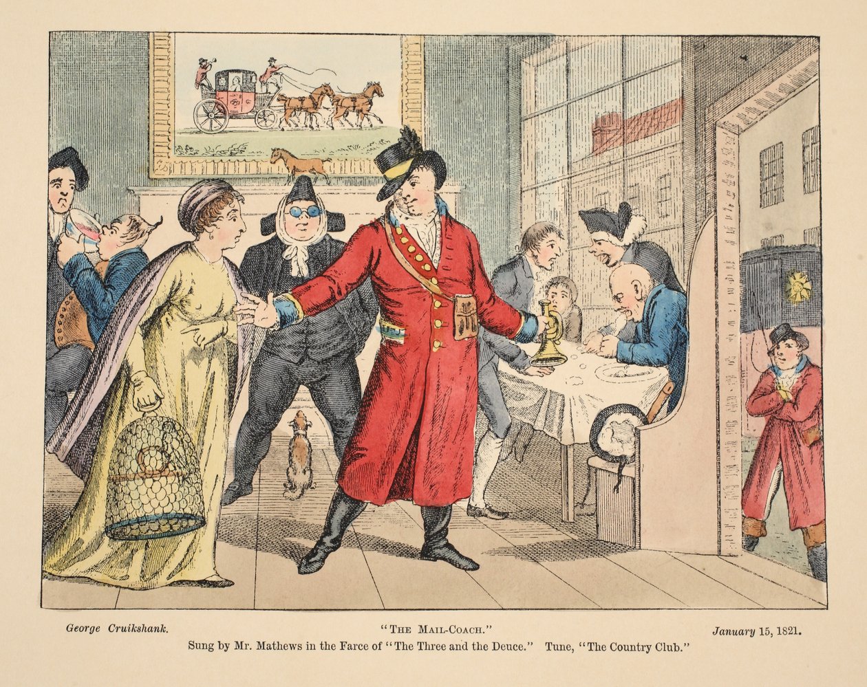 The Mail-Coach, sjungen av Mr Mathews i farsen The Three and the Deuce. Melodi, The Country Club, pub. 1821 (handkolorerat gravyr) av George Cruikshank