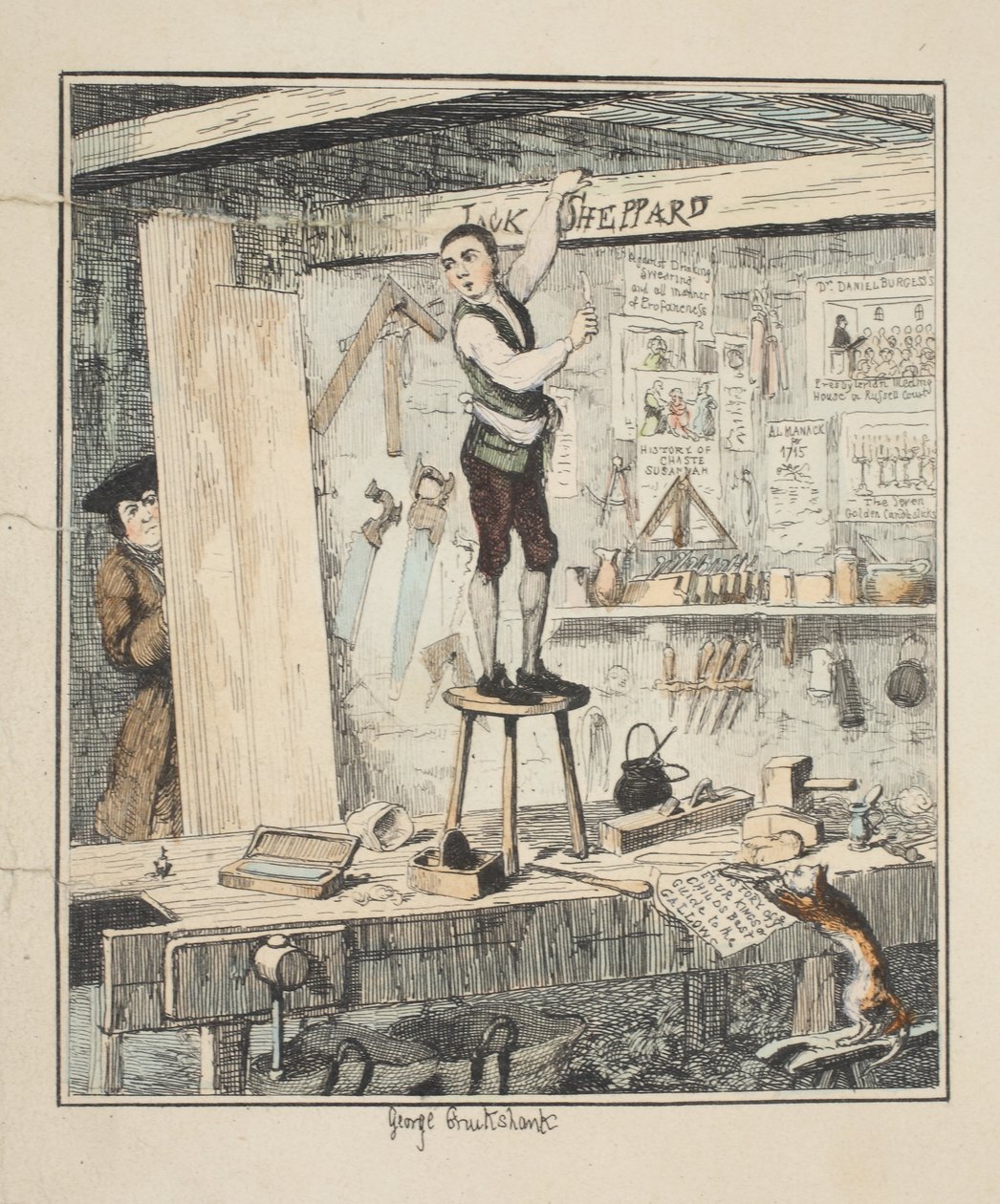 Namnet på balken, illustration från Jack Sheppard: A Romance av William Harrison Ainsworth, publicerad 1839 (handkolorerad etsning). av George Cruikshank
