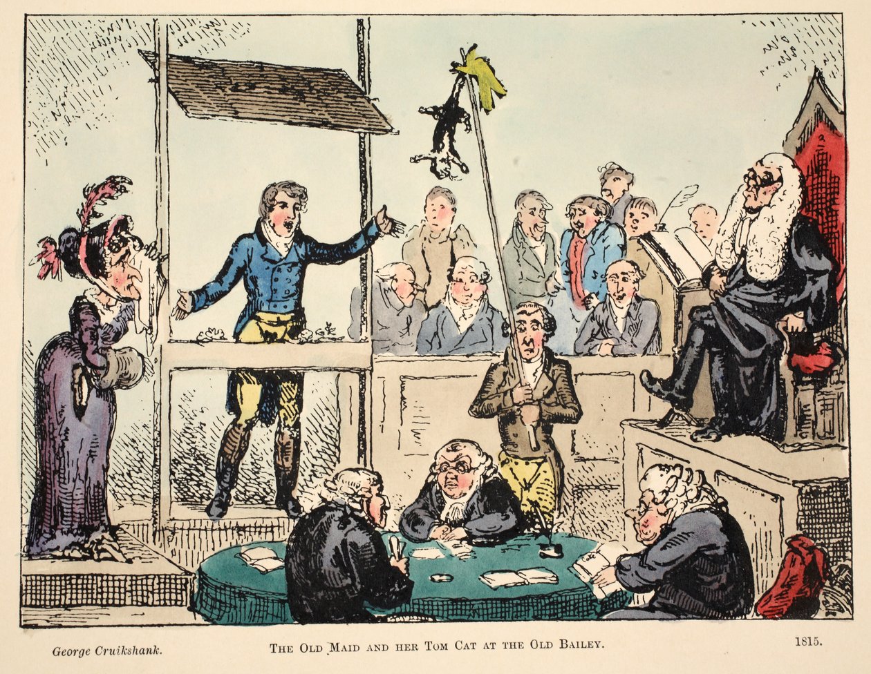 The Old Maid och hennes Tom Cat på Old Bailey, pub. 1815 (handfärgad gravyr) av George Cruikshank