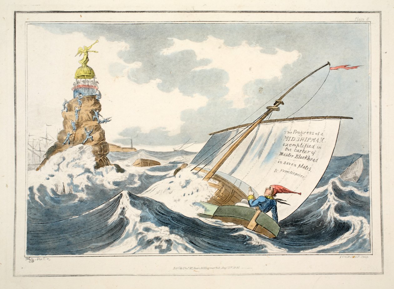 The Progress of a Midshipman exemplifierat i Master Blockheads karriär i sju plattor och Frontispice, 1835 (handfärgad gravyr) av George Cruikshank
