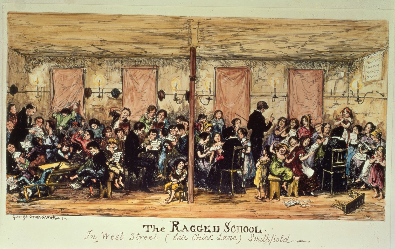 The Ragged School, West Street (tidigare Chick Lane), Smithfield (tryck) av George Cruikshank