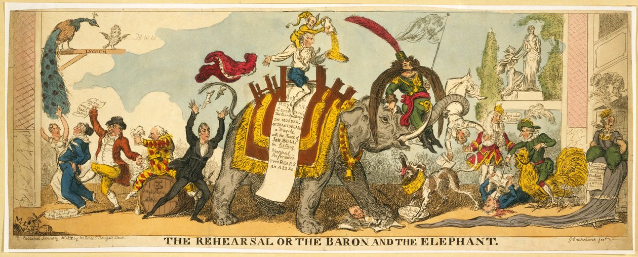 Repetitionen eller baronen och elefanten, pub. 1812 (handfärgad gravyr) av George Cruikshank