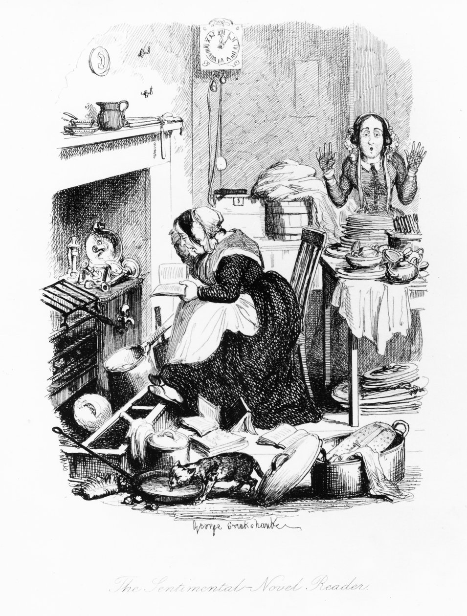 The Sentimental-Novel Reader, illustration från "The Greatest Plague of Life, or the Adventures of a Lady in Search of a Good Servant" av Augustus och Henry Mayhew, publicerad 1847 av George Cruikshank