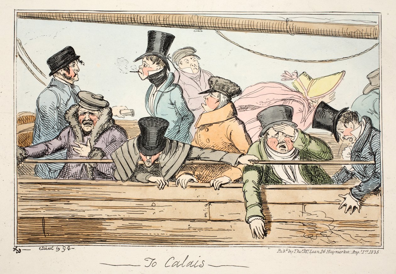 Till Calais, pub. 1835 (handfärgad etsning) av George Cruikshank