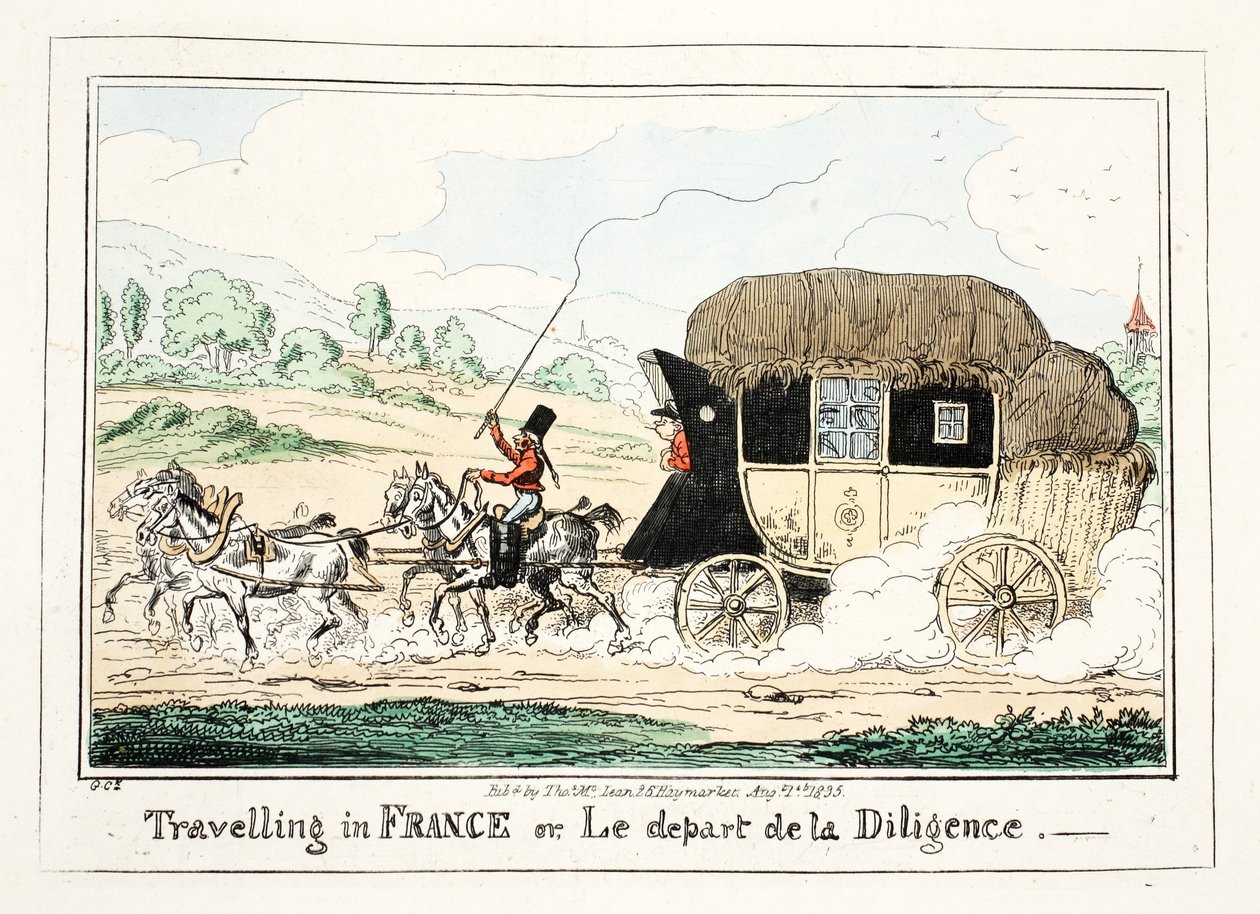 Resa i Frankrike eller Le Depart de la Diligence, 1835 (handkolorerat gravyr) av George Cruikshank