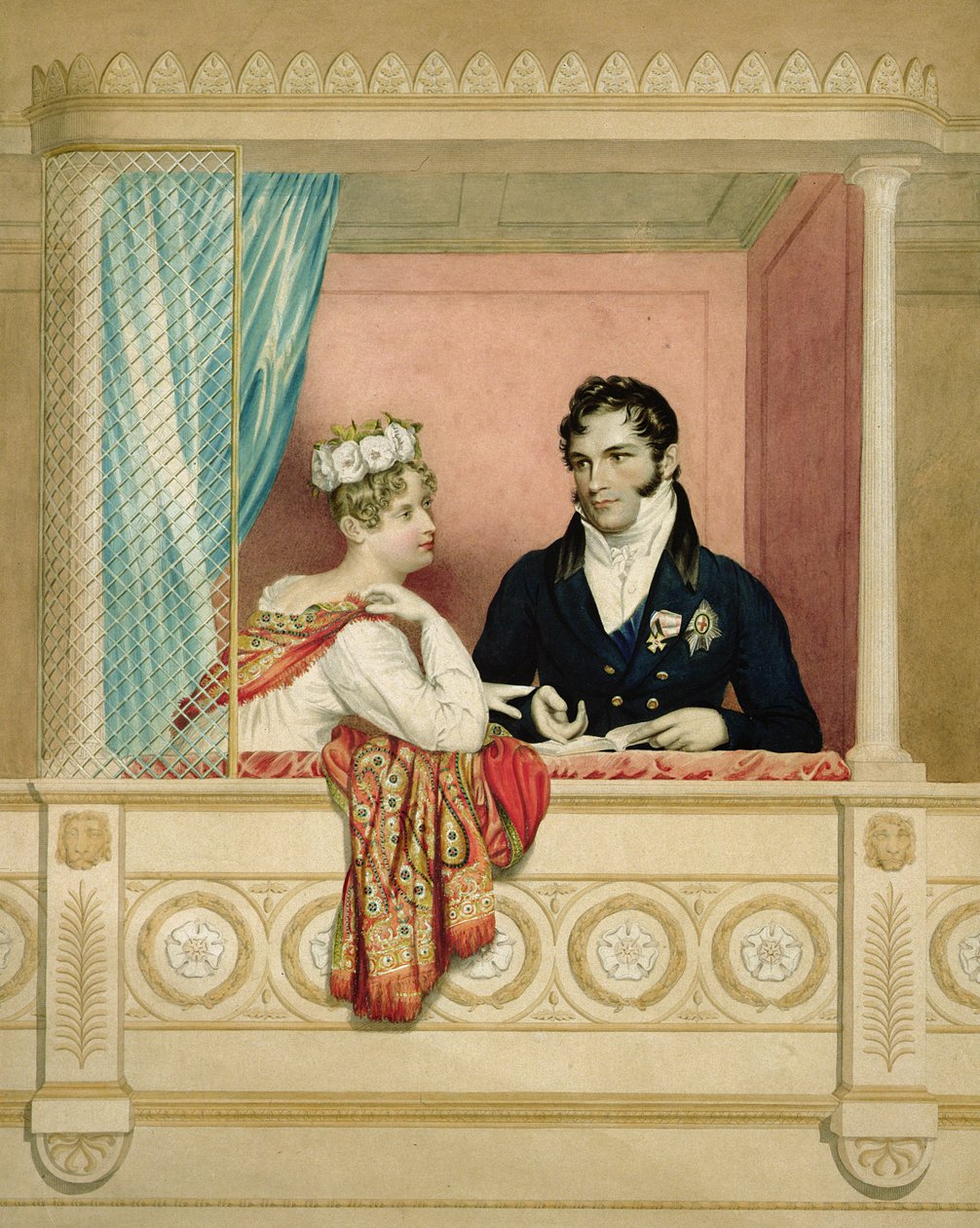 Prinsessan Charlotte Augusta av Wales (1796-1817) och prins Leopold av Sachsen-Cobourg-Gotha (1790-1865) i sin loge på Covent Garden. av George Dawe