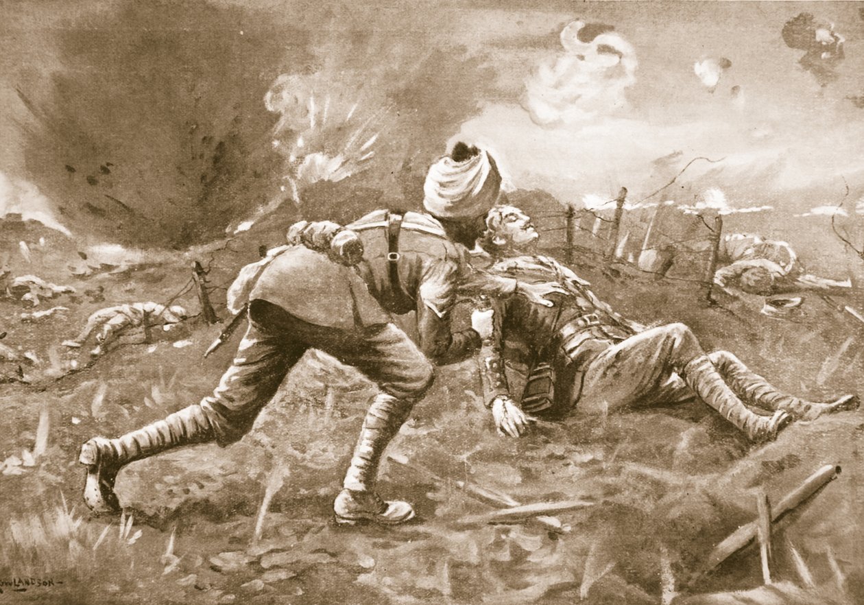 Lance-Naik Lala släpar en skadad officer, som han hittade i närheten av fienden, till ett skyddsrum där han förbinder hans sår. av George Derville Rowlandson