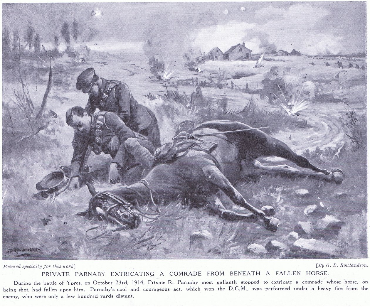 Privat Parnaby tilldelade DCM för att ha utdragit en kamrat under en fallen häst under kraftig eld oktober 1914 av George Derville Rowlandson