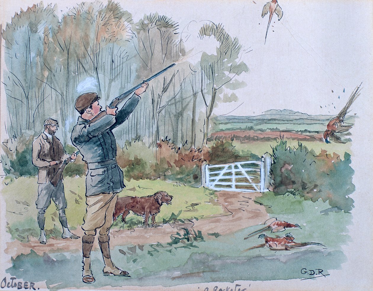Oktober månad: Fasanskytte (penna och bläck och wc på papper) av George Derville Rowlandson