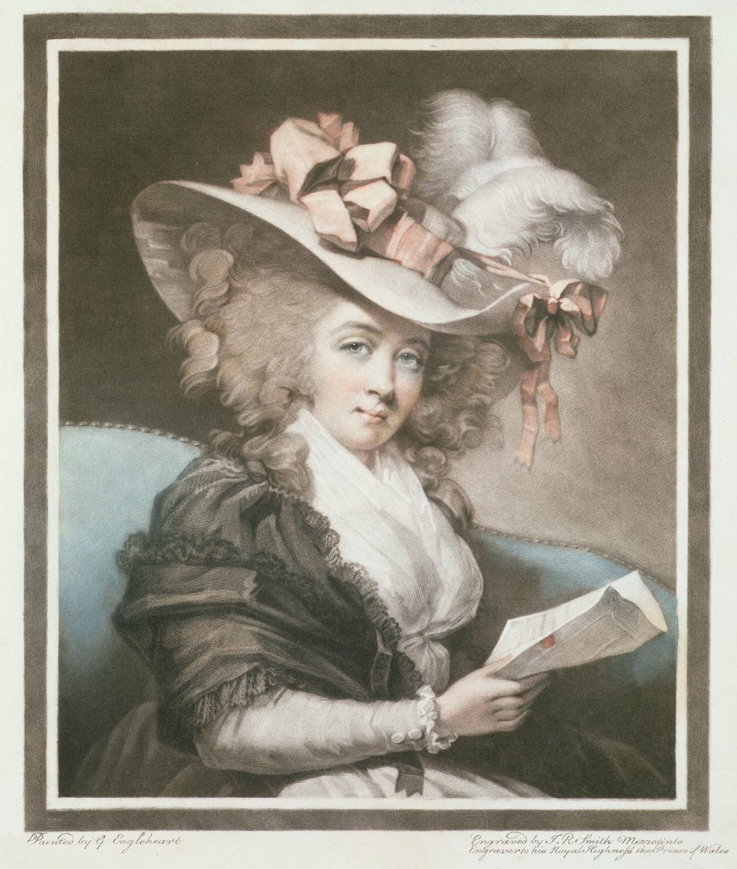 Mrs Mills, graverad och pub. av John Raphael Smith (1752-1812), 1786 (mezzotintgravyr) av George Engleheart