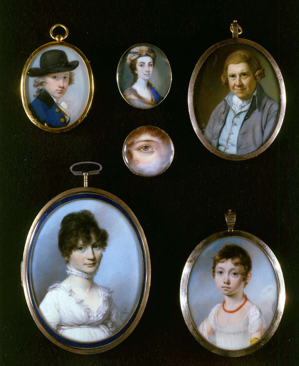 Porträttminiatyrer, från LtoR och TtoB: Sir Thomas Terney; Okänd kvinna; William Alton; Porträtt av ett öga; Okänd kvinna (1750-1829); Okänd tjej av J.C.D. Engleheart (1784-1862) av George Engleheart