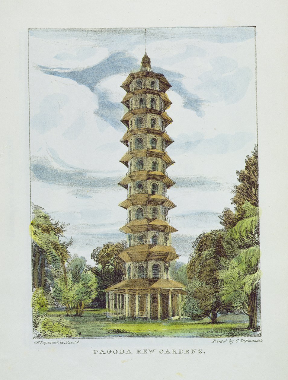 Pagoda, Kew Gardens, platta 9 från "Kew Gardens: A Series of Twenty-Four Drawings on Stone", graverad av Charles Hullmandel (1789-1850), publicerad 1820 (handkolorerad litografi). av George Ernest Papendiek