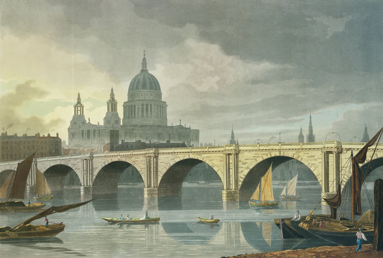 Sydvästlig utsikt över St Pauls Cathedral och Blackfriars Bridge, 1810 (färggravyr) av George Fennel Robson