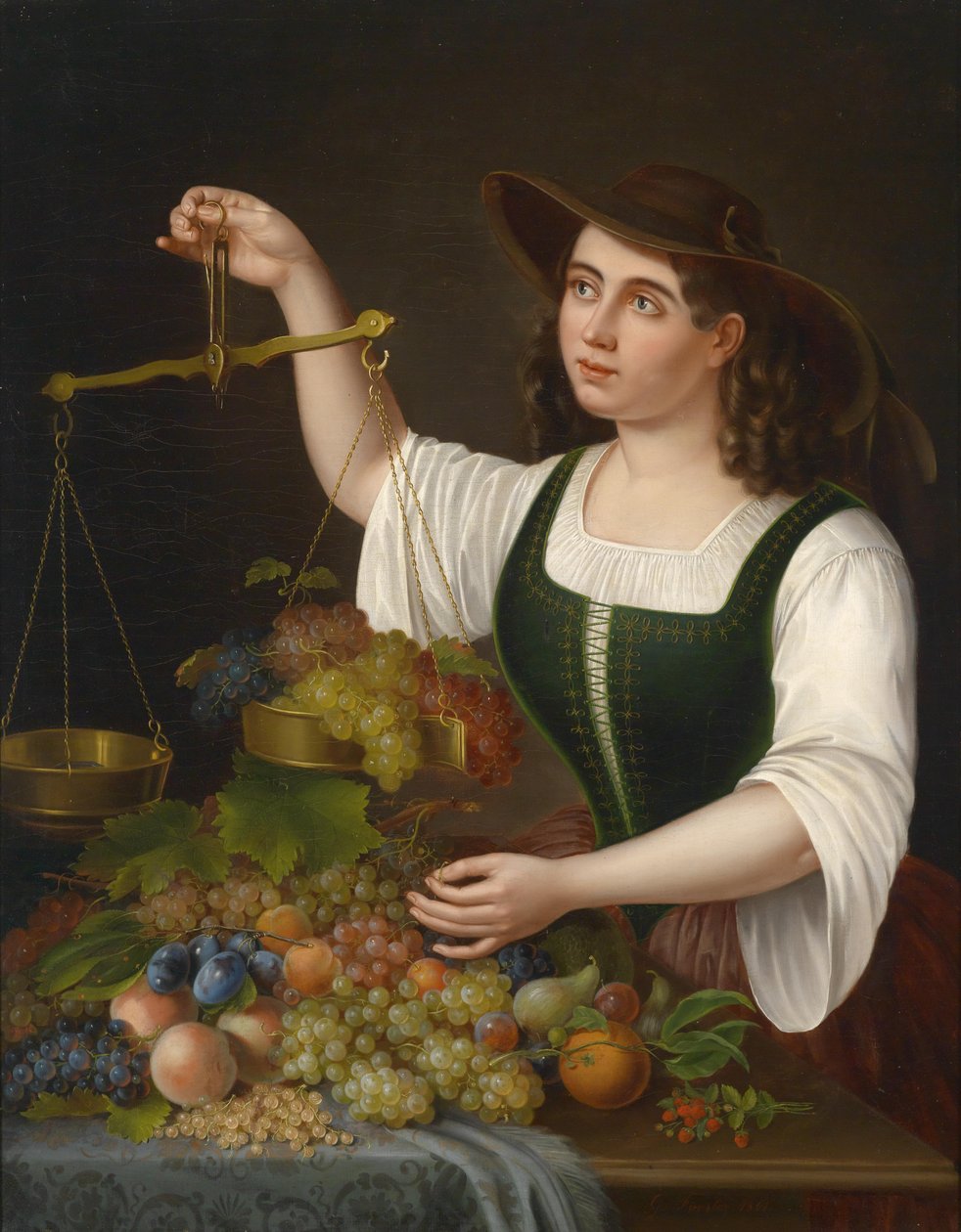 En ung marknadskvinna som väger frukt av George Forster