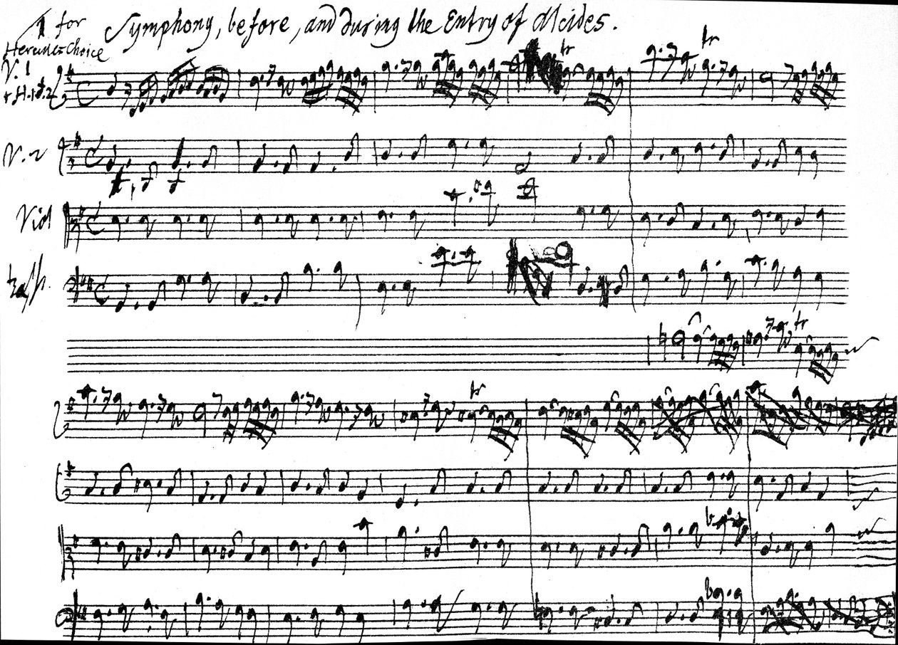 Originalmusik från början av symfonin som ackompanjerar Alcides inträde i Tobias Smolletts pjäs "Alcestis", tonsatt av Händel mellan den 27 december. 1749 och 8 januari 1750, 1750 (pen a av George Frederick Handel