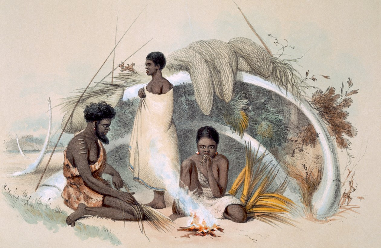 Natives of Encounter Bay, tillverkar snöre för fiskenät i en hydda bildad av revbenen på en val, från 