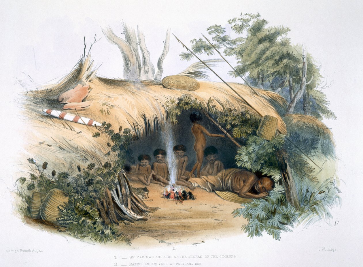 De ursprungliga invånarna, II. Native Encampment at Portland Bay, "Cold Morning" och hans familj, från "South Australia Illustrated", publicerad 1847 (handkolorerat gravyr). av George French Angas