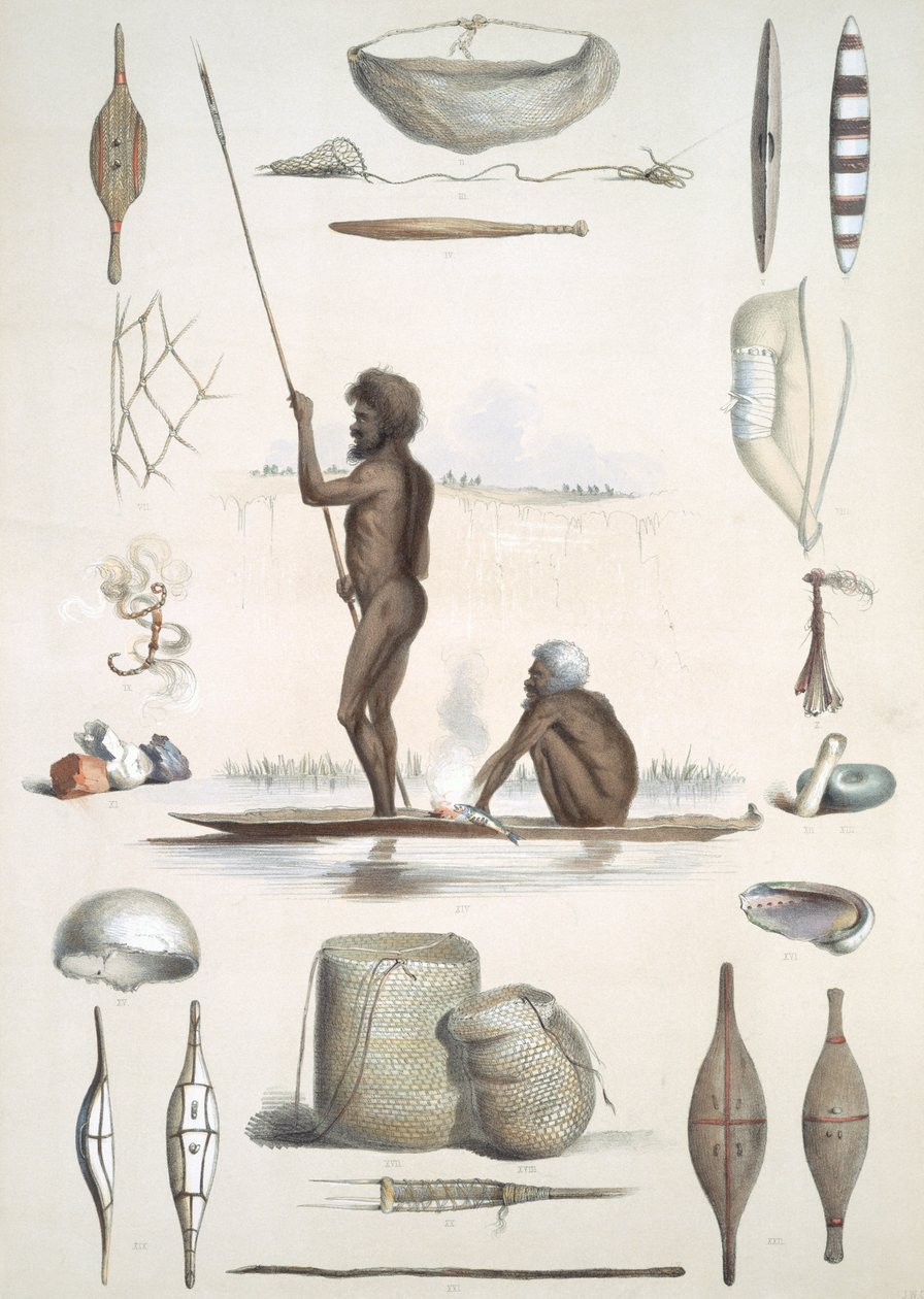 Aboriginal Inhabants: från "South Australia Illustrated", publicerad 1847 (handkolorerat gravyr). av George French Angas