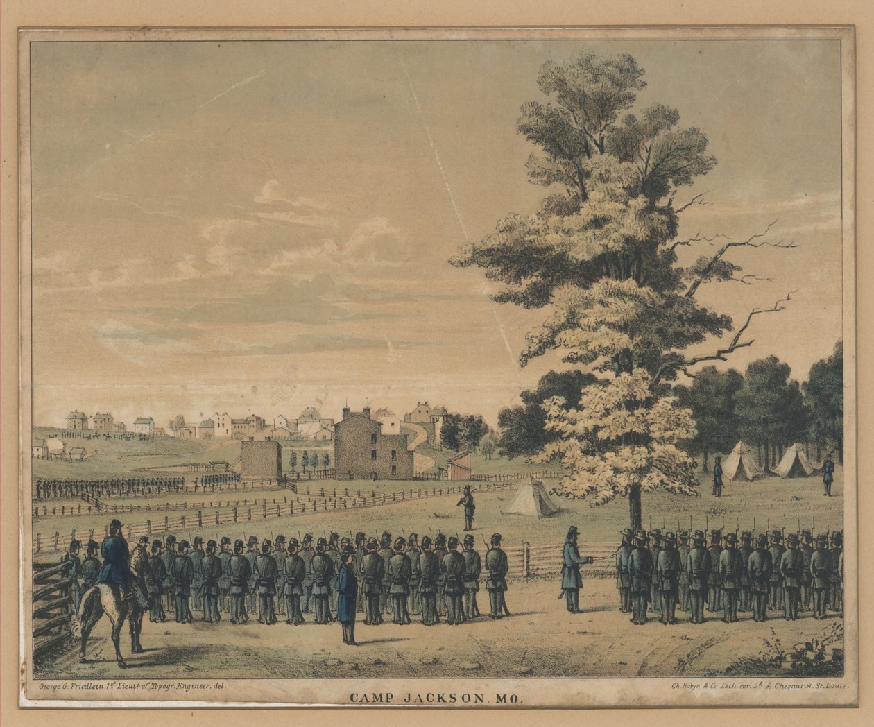 Print of a camp scene in the background and soldiers av George G. Friedlein