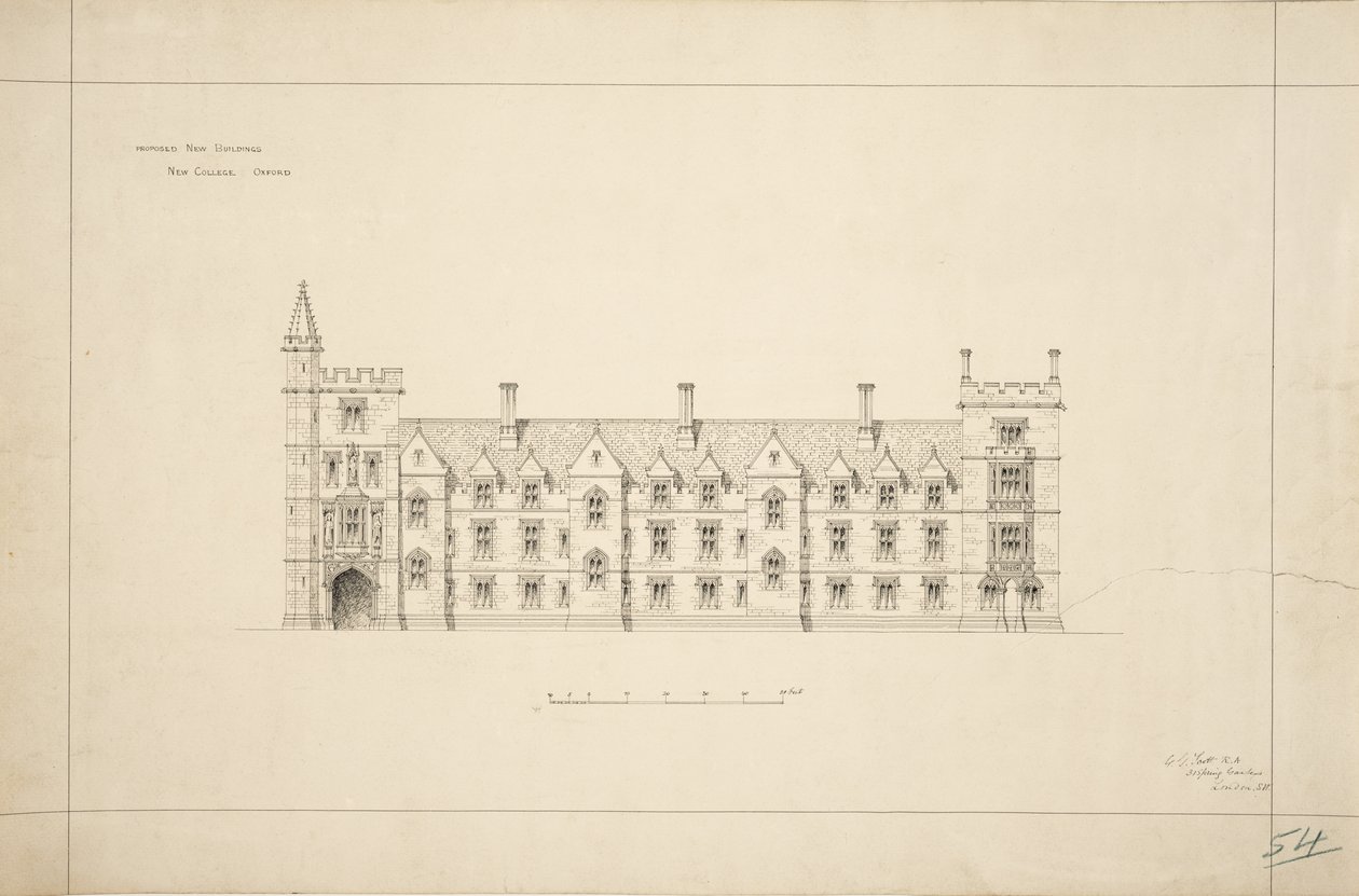 New College Oxford: Proposed New Buildings, 1870-79 (bläck på papper) av George Gilbert Scott