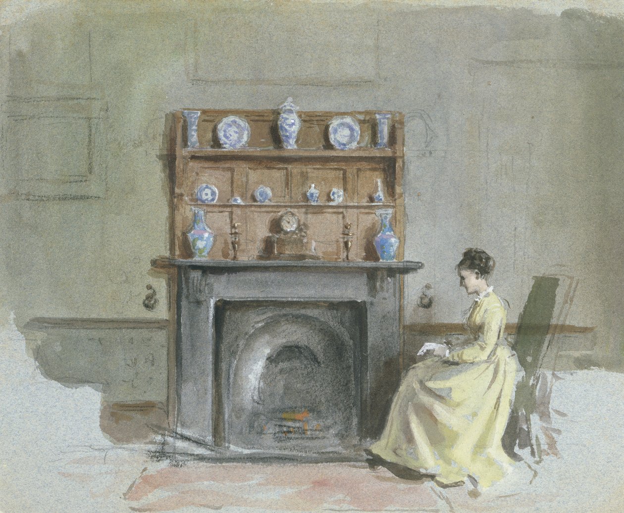 Lady sitter vid öppen spis av George Goodwin Kilburne