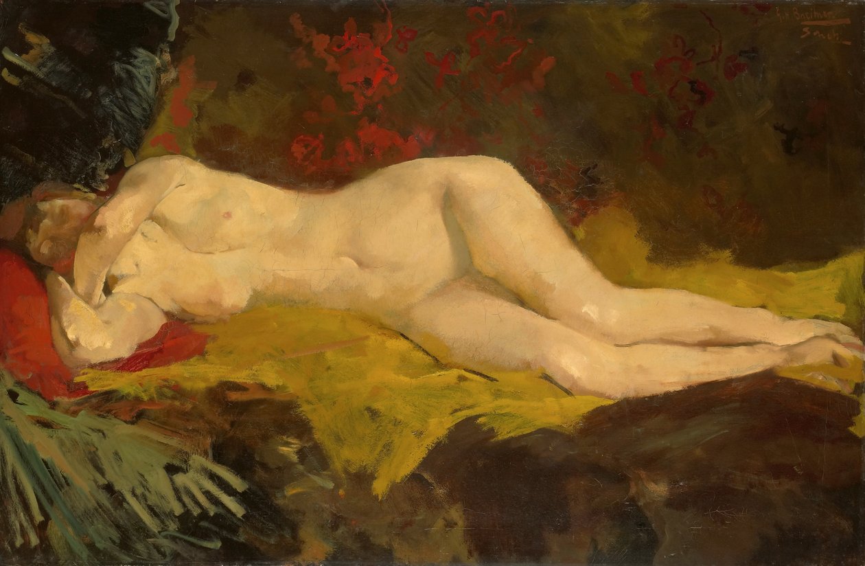 Anne, lying naked on a yellow cloth.   av George Hendrik Breitner