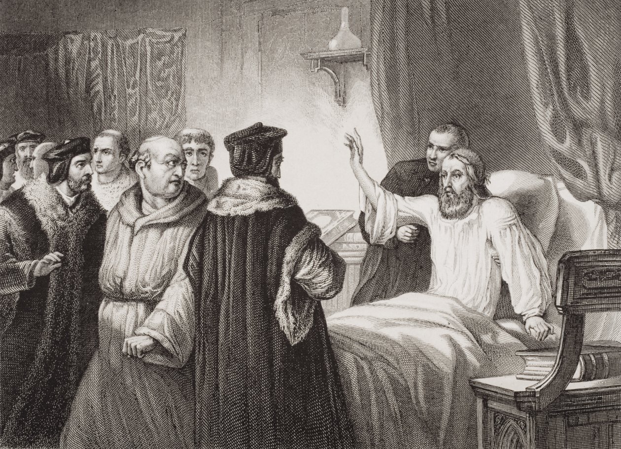 John Wycliffe (ca 1330-84) på sin sjuksäng attackerad av bröderna i Oxford, 1378, från 