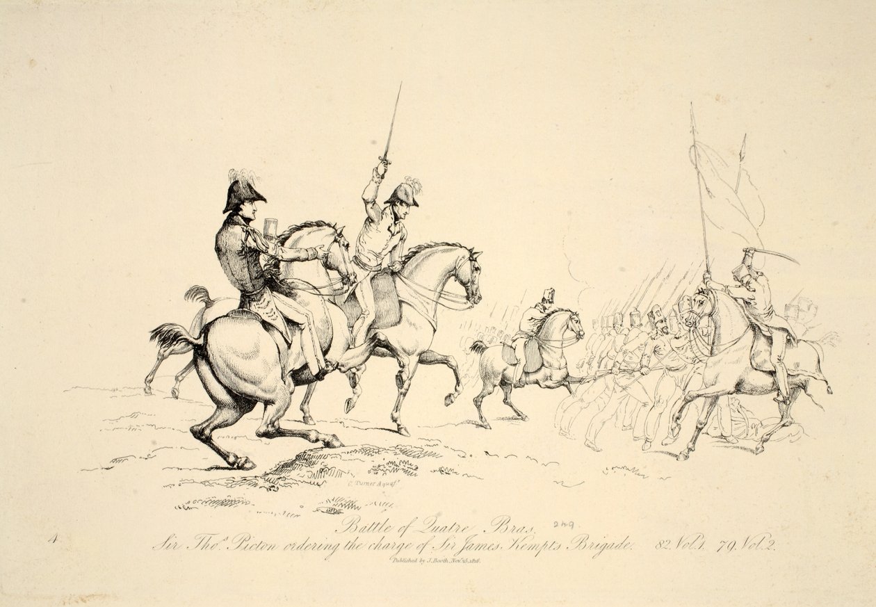 Battle of Quatre Bras: Sir Thomas Picton beordrar Charge of Sir James Kempts Brigade, pub. J. Booth, 1816 av George Jones