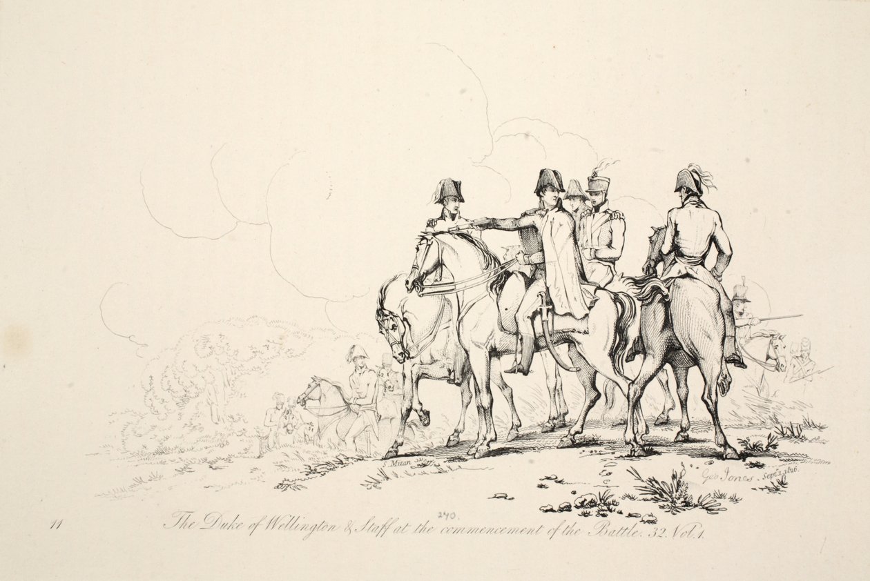 Hertigen av Wellington och hans stab i början av slaget, pub. J. Booth, 1816 av George Jones