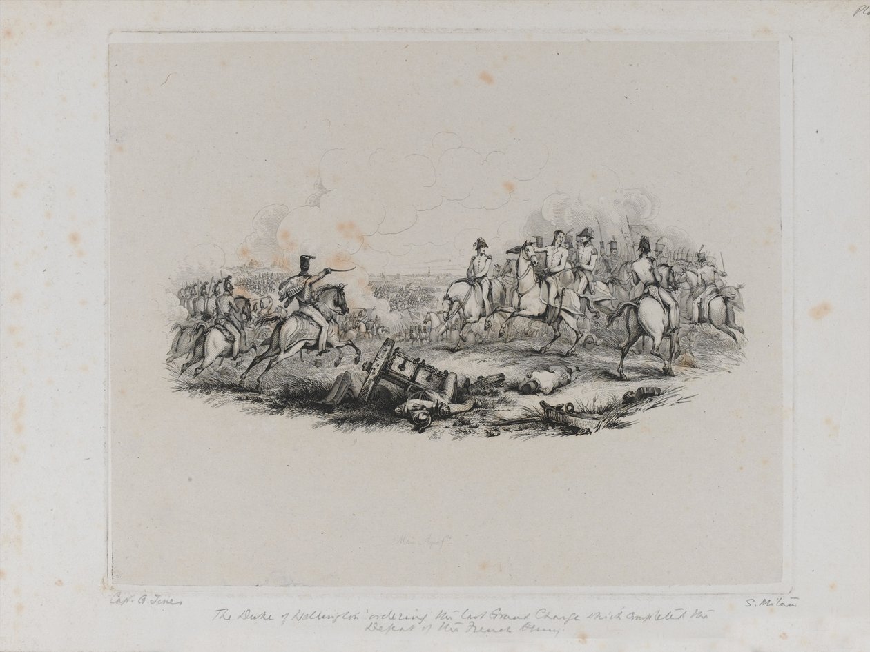 Det minnesvärda slaget vid Waterloo - Hertigen av Wellington beordrar det sista stora anfallet som avslutade den franska arméns nederlag, gravyr av Samuel Mitan, 1817 av George Jones