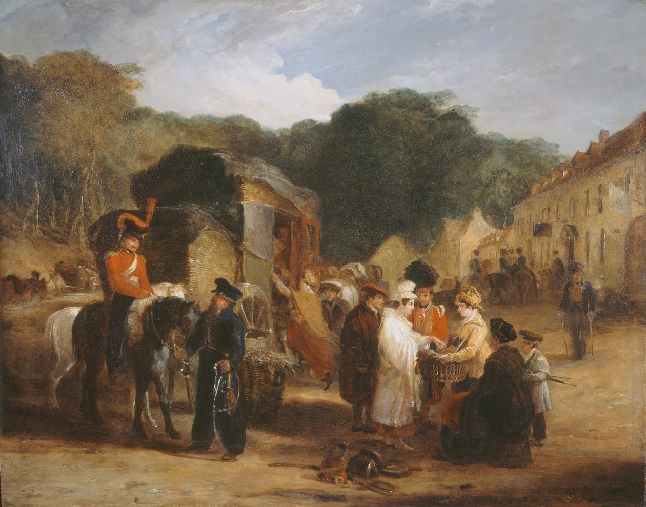 Byn Waterloo, med resenärer som köpte relikerna som hittades i stridsfältet, 1815, ca 1821 av George Jones