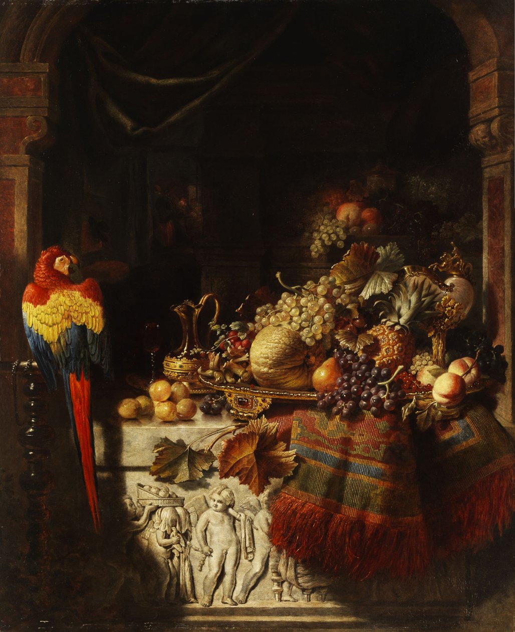 Still life with fruits and parrot av George Lance