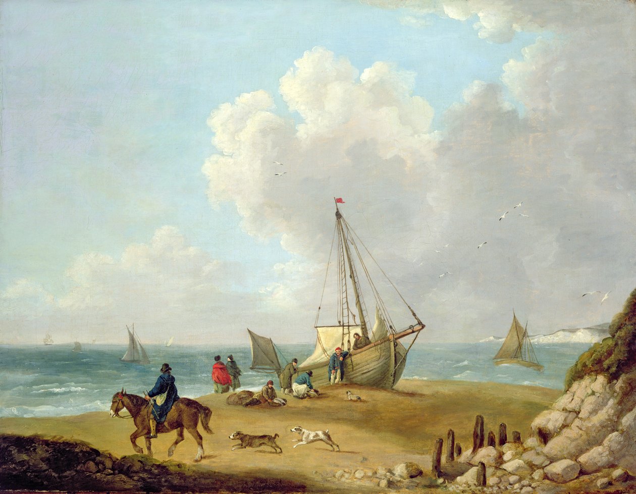 Fiskare lossar sin fångst i Freshwater Bay, Isle of Wight av George Morland