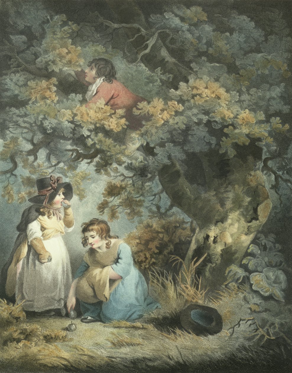 Gathering Fruit, graverad av R.M. Meadows, utgiven av John Raphael Smith, 1793 (stiplingsgravyr) (par av 125531) av George Morland