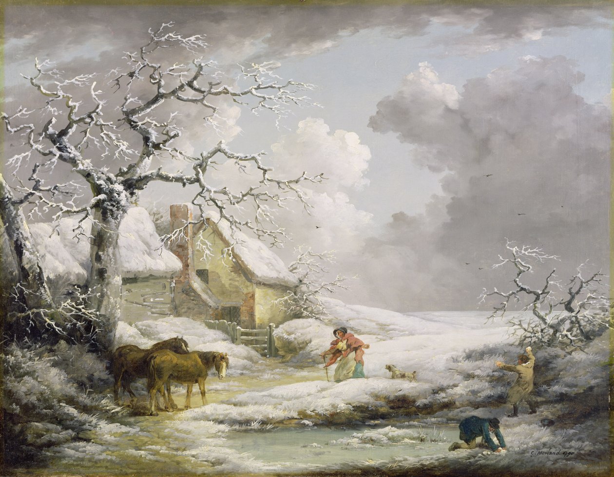 Vinterlandskap med män som snöbollar en gammal kvinna, 1790 av George Morland