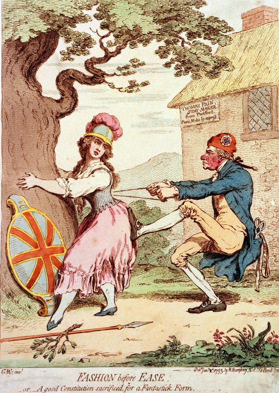 Mode före lätthet, eller en bra konstitution offrad för en fantastisk form, pub. 1793 (handfärgad gravyr) av George Moutard Woodward
