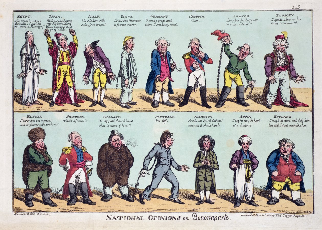 National Opinions on Bonaparte, publicerad 20 april 1808 (färgad etsning) av George Moutard Woodward