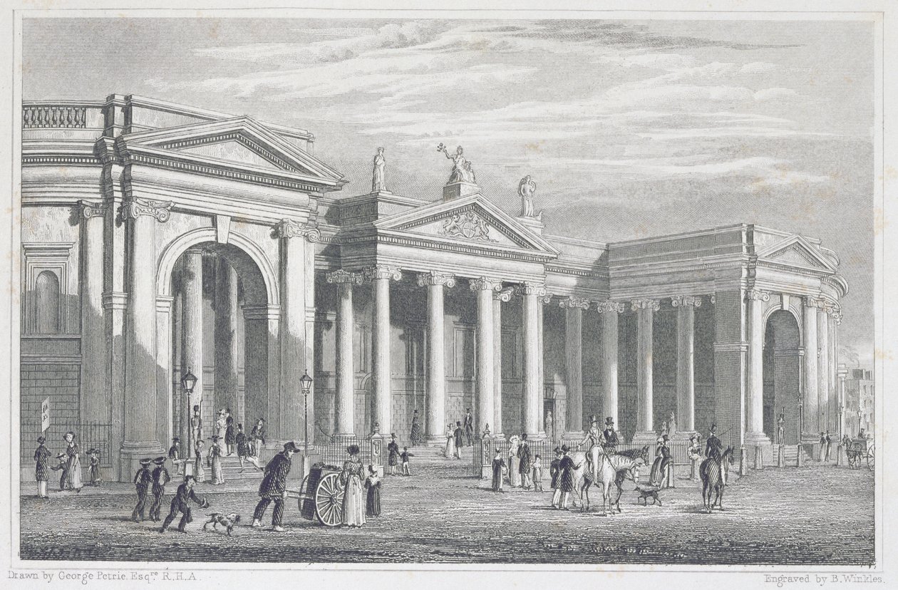 Södra portik av Bank of Ireland, Dublin, ursprungligen parlamentshuset, graverad av B. Winkles av George Petrie