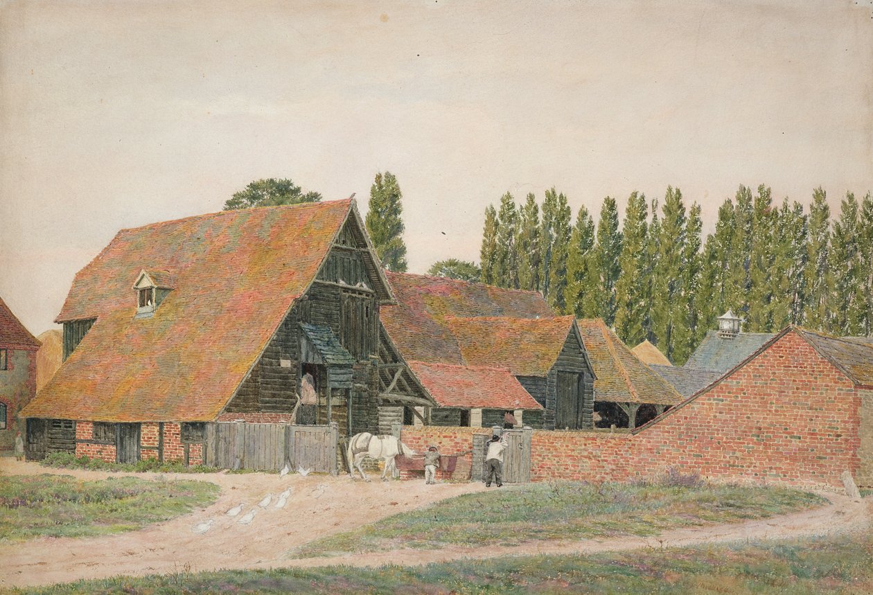 Gårdsbyggnader, Dorchester, Oxfordshire (wc över penna på papper) av George Price Boyce
