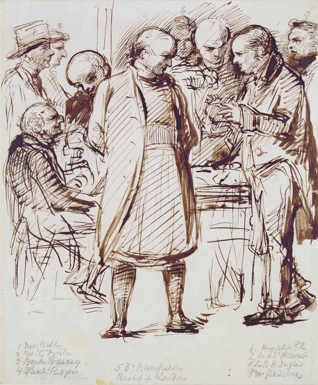 En grupp kyrkomän och politiker inklusive John Keble (1792-1866) och William Gladstone (1809-98) i samtal med biskopen av London på Fulham Palace (penna, brunt bläck och stubbe) av George Richmond