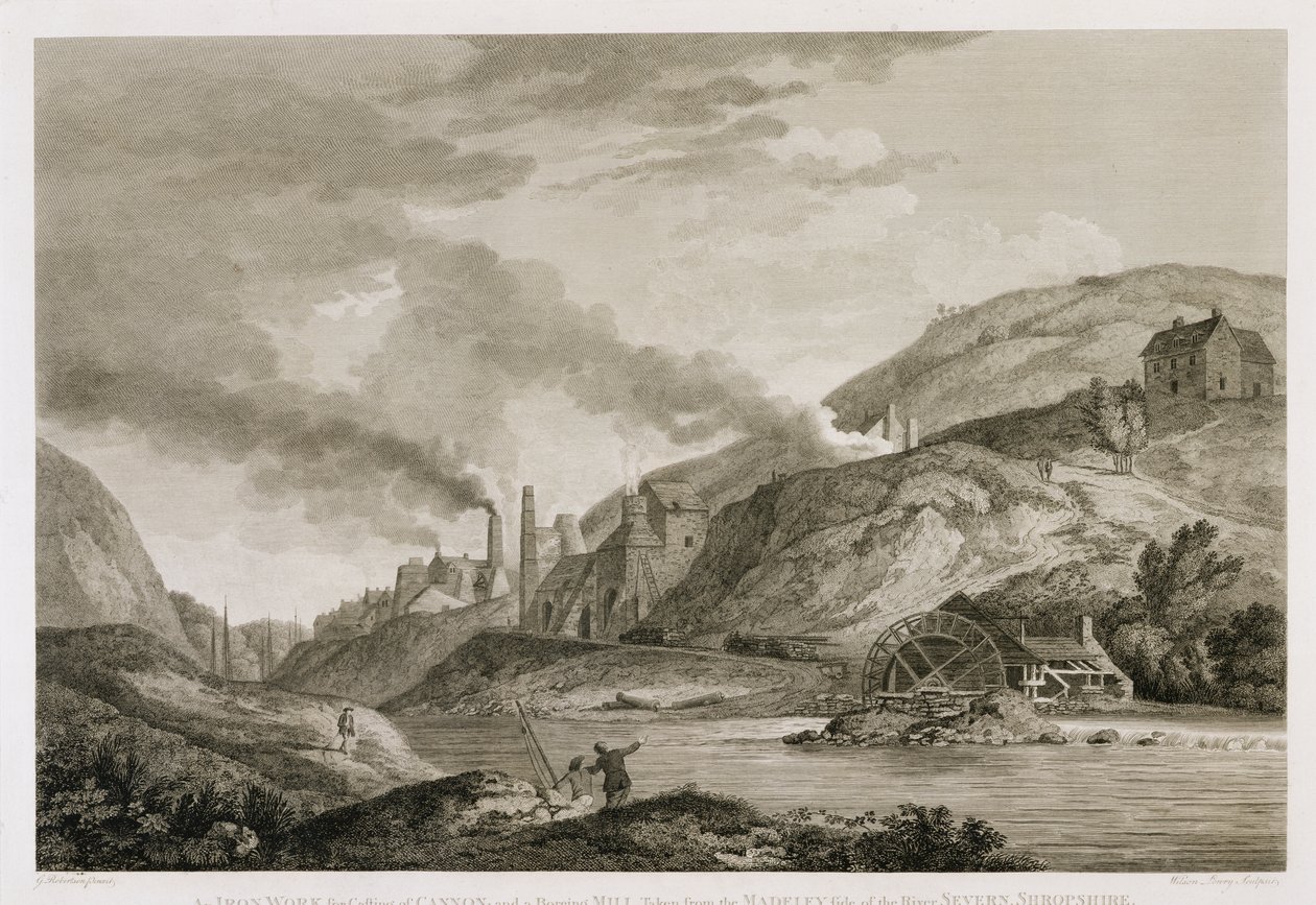 Ett järnverk för gjutning av kanoner och en tråkig kvarn taget från Madeley-sidan av floden Severn, Shropshire, graverat av Wilson Lowry (1762-1824) 1788 av George Edward Robertson