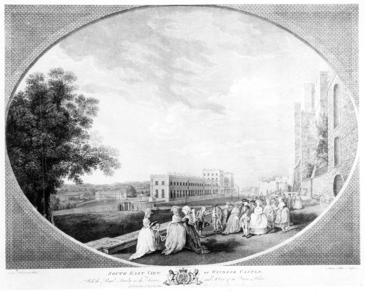 Sydostvy av Windsor Castle, med kungafamiljen på terrassen och utsikt över drottningens palats, graverad av James Fittler, 1783 av George Edward Robertson