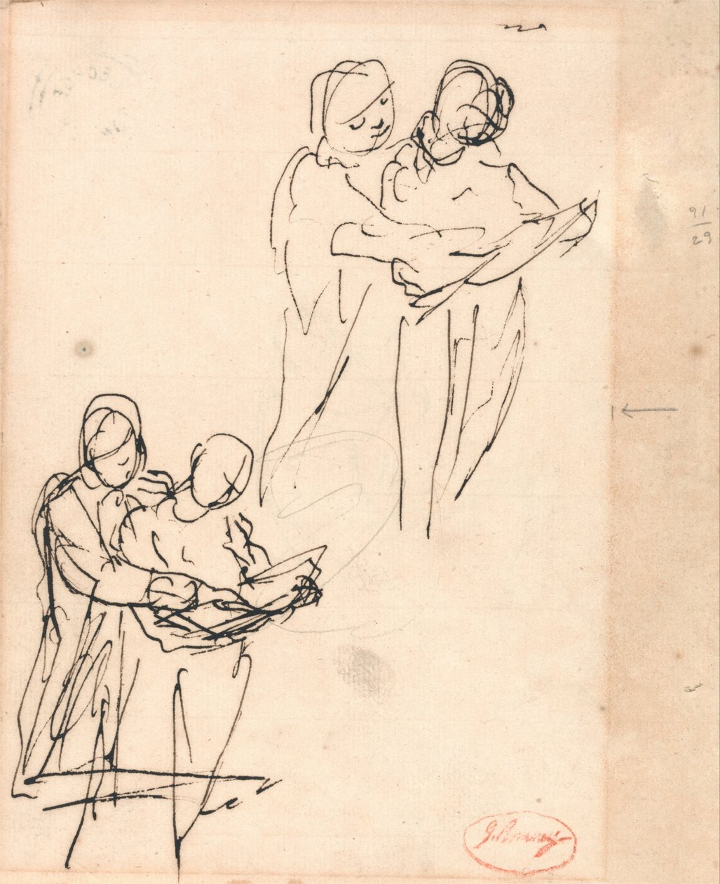 Par som undersöker en bok av George Romney