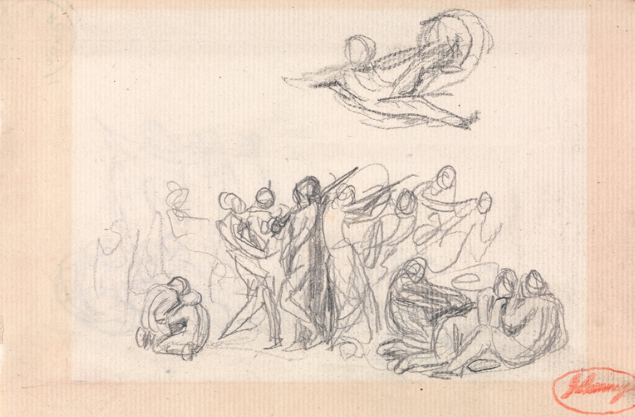 Grupp av figurer, med en flygande figur ovanför av George Romney