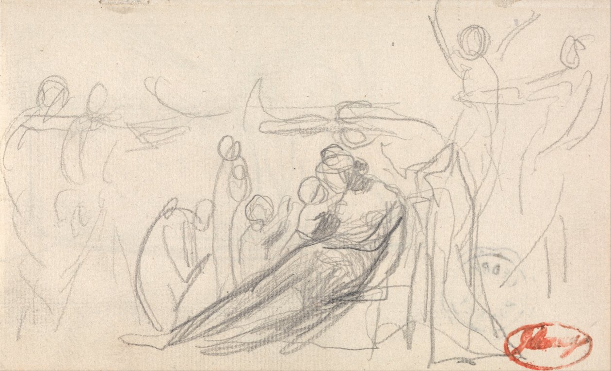 Lutande figur med barn och andra figurer av George Romney